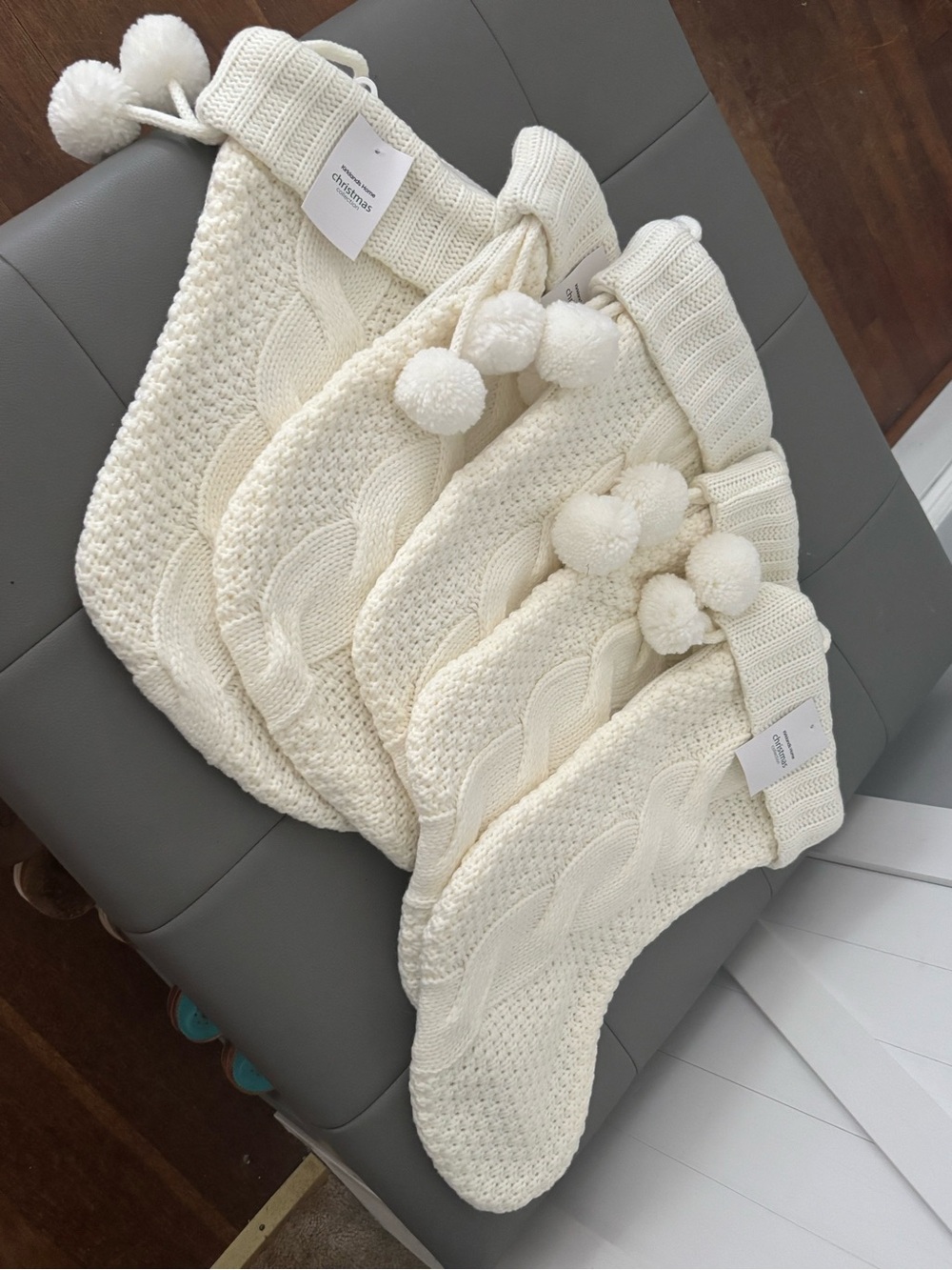 Kirklands collectionCream Cable Knit Christmas Stockings with Pom-Poms - Set of